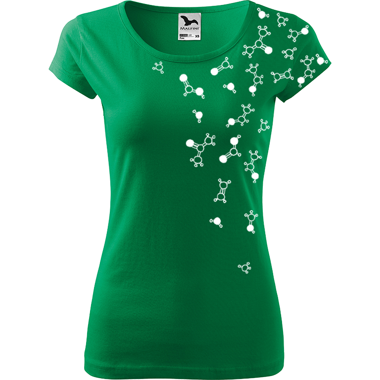 Ručně malované dámské triko Pure - Molekuly Velikost trička: XS, Barva trička: STŘEDNĚ ZELENÁ, Barva motivu: BÍLÁ