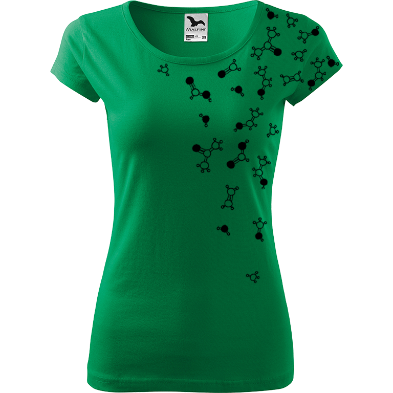 Ručně malované dámské triko Pure - Molekuly Velikost trička: XS, Barva trička: STŘEDNĚ ZELENÁ, Barva motivu: ČERNÁ