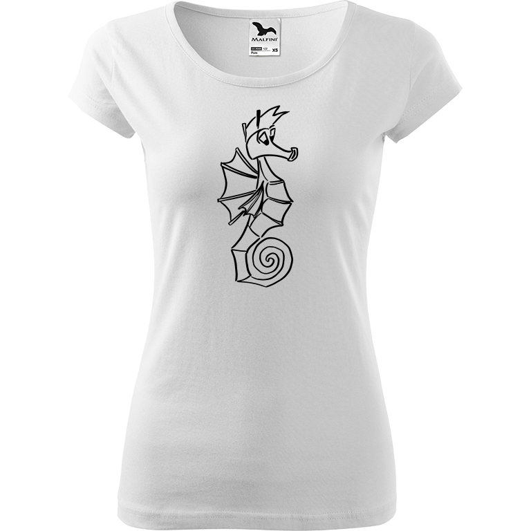 Ručně malované dámské triko Pure - Mořský koník Velikost trička: XL, Barva trička: BÍLÁ, Barva motivu: ČERNÁ