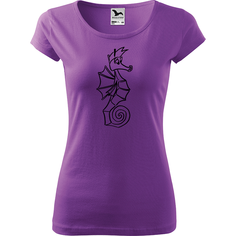 Ručně malované dámské triko Pure - Mořský koník Velikost trička: XL, Barva trička: FIALOVÁ, Barva motivu: ČERNÁ