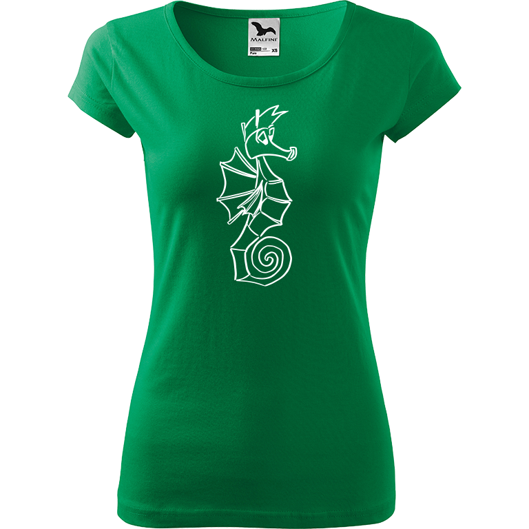 Ručně malované dámské triko Pure - Mořský koník Velikost trička: XS, Barva trička: STŘEDNĚ ZELENÁ, Barva motivu: BÍLÁ