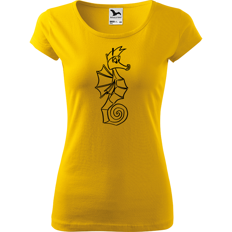 Ručně malované dámské triko Pure - Mořský koník Velikost trička: XL, Barva trička: ŽLUTÁ, Barva motivu: ČERNÁ