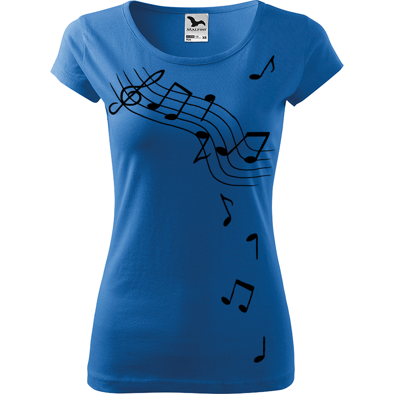 Ručně malované dámské triko Pure - Noty Velikost trička: XL, Barva trička: AZUROVÁ, Barva motivu: ČERNÁ