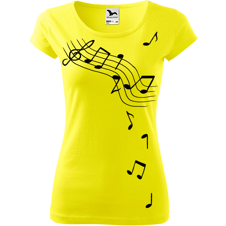Ručně malované dámské triko Pure - Noty Velikost trička: XL, Barva trička: CITRONOVÁ, Barva motivu: ČERNÁ