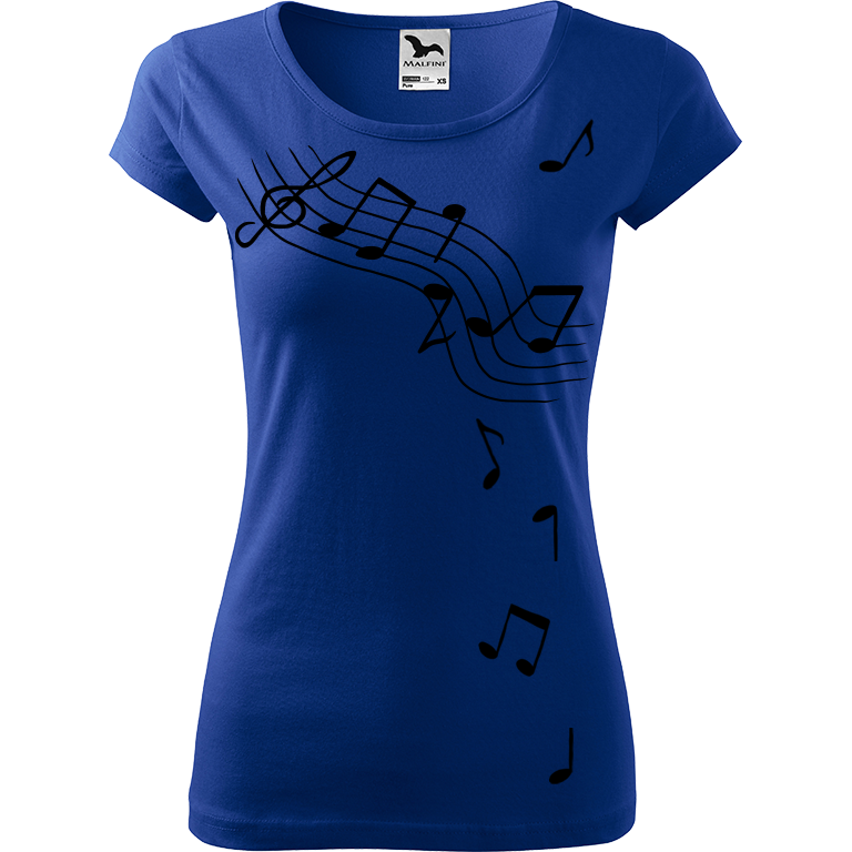 Ručně malované dámské triko Pure - Noty Velikost trička: XL, Barva trička: MODRÁ, Barva motivu: ČERNÁ