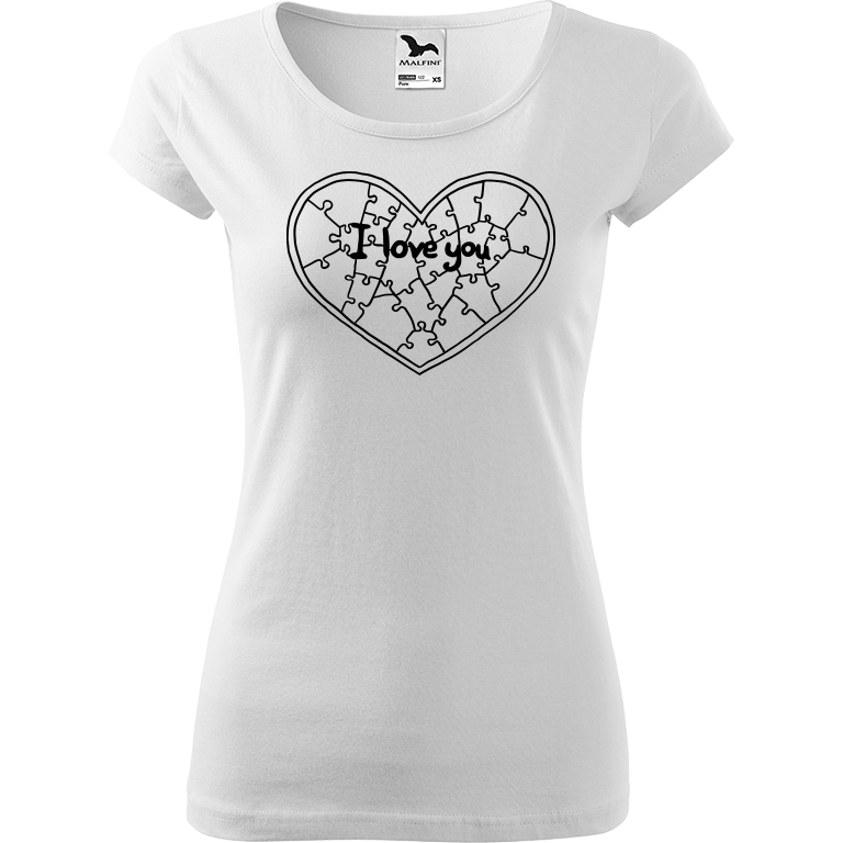 Ručně malované dámské triko Pure - Puzzle Srdce Velikost trička: XL, Barva trička: BÍLÁ, Barva motivu: ČERNÁ