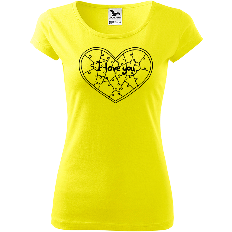 Ručně malované dámské triko Pure - Puzzle Srdce Velikost trička: XL, Barva trička: CITRONOVÁ, Barva motivu: ČERNÁ