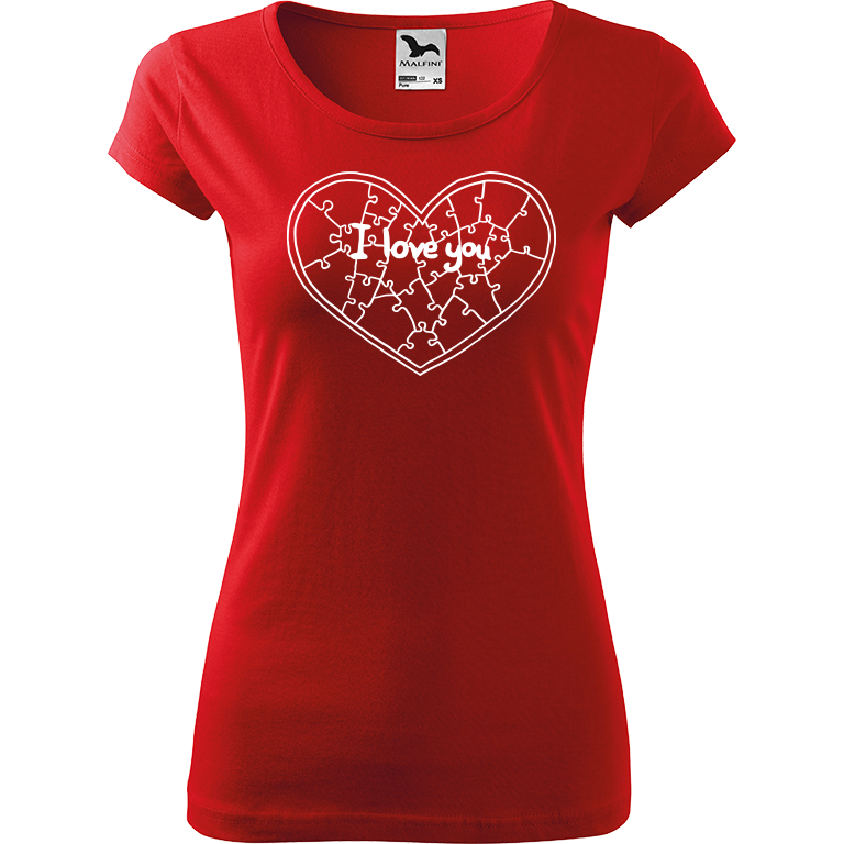 Ručně malované dámské triko Pure - Puzzle Srdce Velikost trička: XL, Barva trička: ČERVENÁ, Barva motivu: BÍLÁ