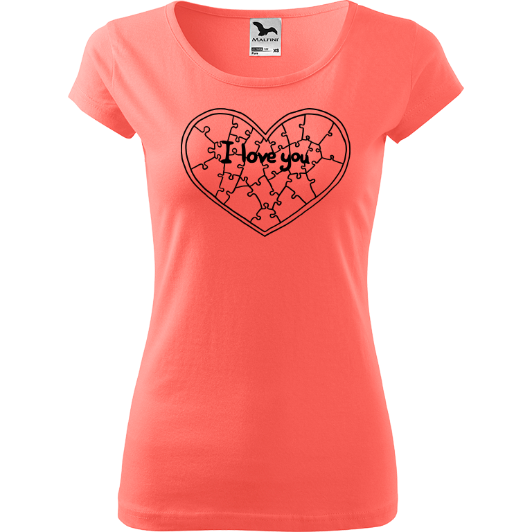 Ručně malované dámské triko Pure - Puzzle Srdce Velikost trička: XL, Barva trička: KORÁLOVÁ, Barva motivu: ČERNÁ