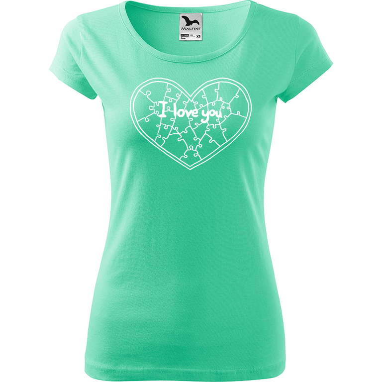 Ručně malované dámské triko Pure - Puzzle Srdce Velikost trička: L, Barva trička: MÁTOVÁ, Barva motivu: BÍLÁ