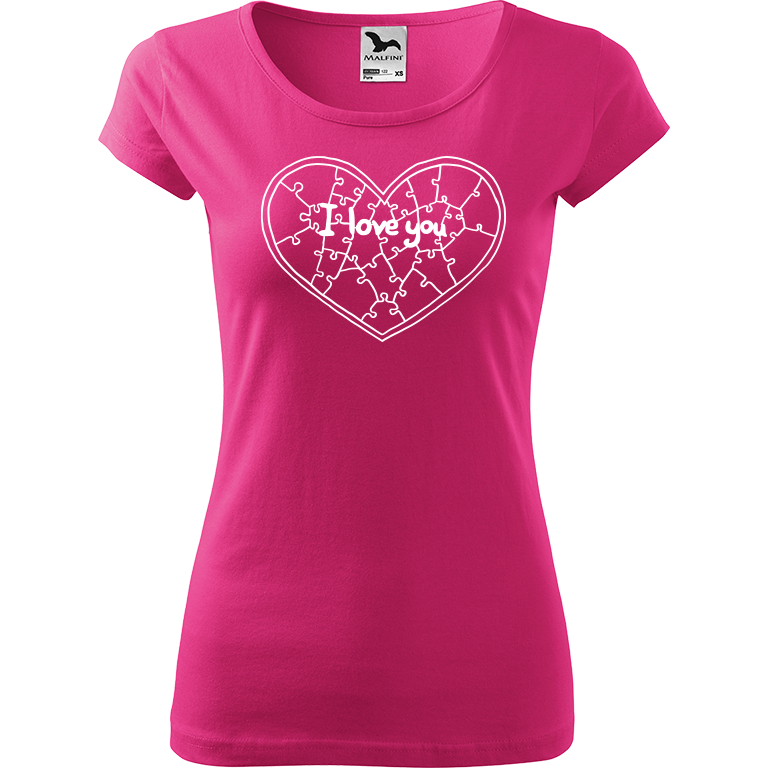 Ručně malované dámské triko Pure - Puzzle Srdce Velikost trička: L, Barva trička: RŮŽOVÁ, Barva motivu: BÍLÁ