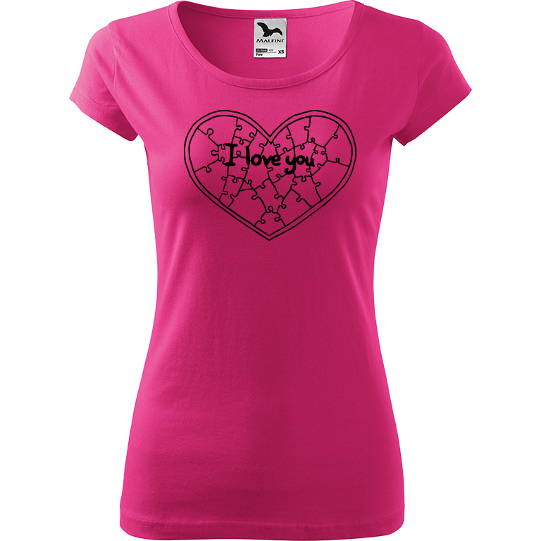Ručně malované dámské triko Pure - Puzzle Srdce Velikost trička: XL, Barva trička: RŮŽOVÁ, Barva motivu: ČERNÁ