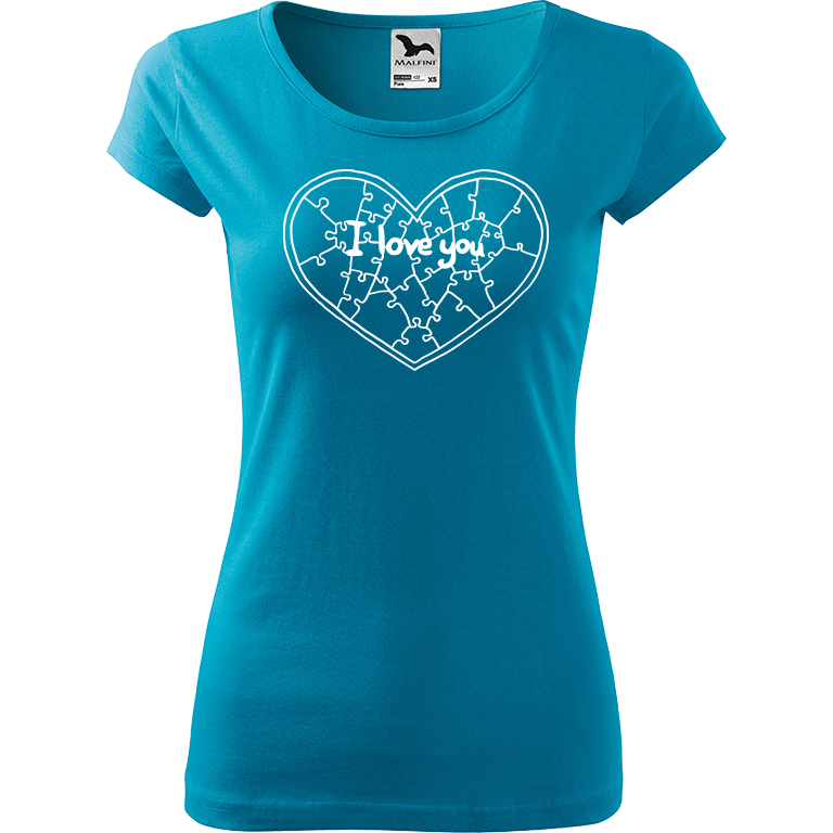 Ručně malované dámské triko Pure - Puzzle Srdce Velikost trička: XL, Barva trička: TYRKYSOVÁ, Barva motivu: BÍLÁ