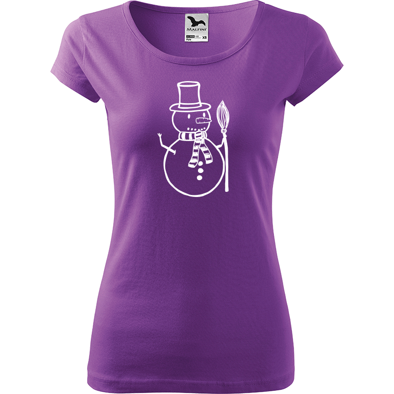 Ručně malované dámské triko Pure - Sněhulák s koštětem Velikost trička: XL, Barva trička: FIALOVÁ, Barva motivu: BÍLÁ