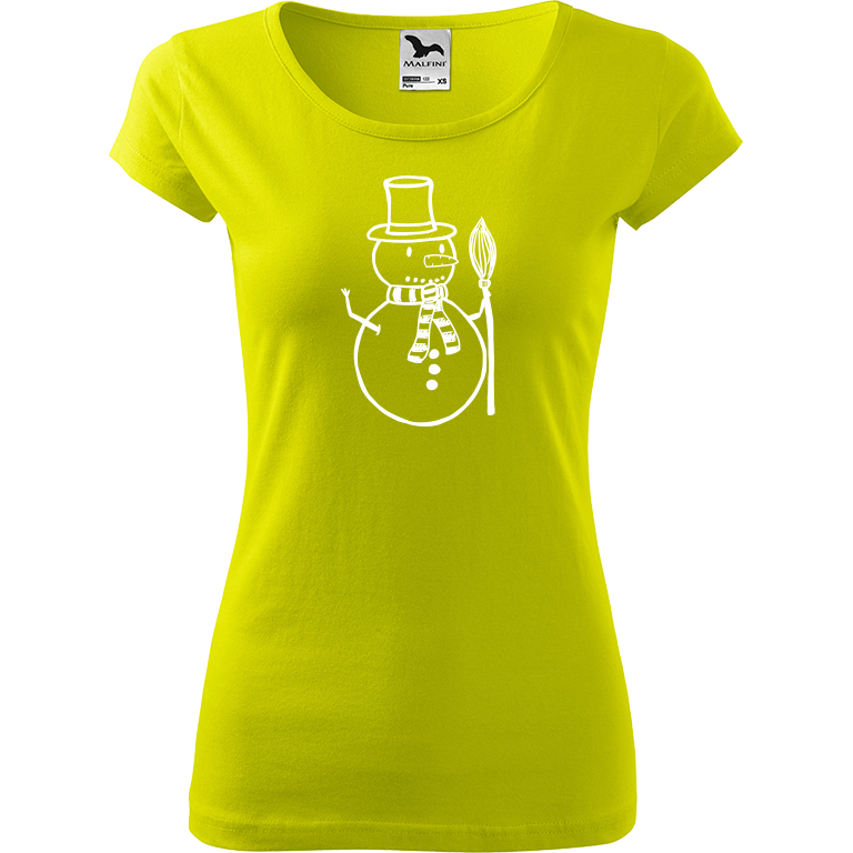 Ručně malované dámské triko Pure - Sněhulák s koštětem Velikost trička: L, Barva trička: LIMETKOVÁ, Barva motivu: BÍLÁ