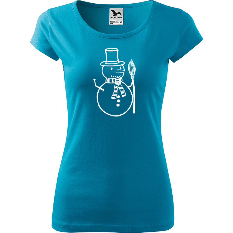 Ručně malované dámské triko Pure - Sněhulák s koštětem Velikost trička: XL, Barva trička: TYRKYSOVÁ, Barva motivu: BÍLÁ