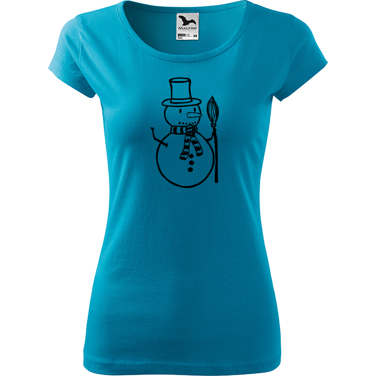 Ručně malované dámské triko Pure - Sněhulák s koštětem Velikost trička: XL, Barva trička: TYRKYSOVÁ, Barva motivu: ČERNÁ