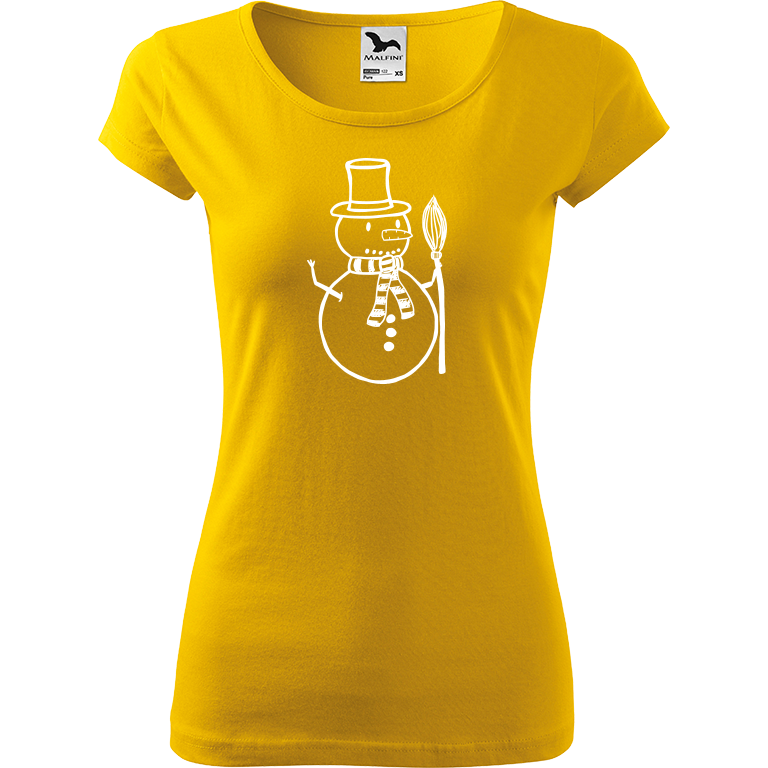 Ručně malované dámské triko Pure - Sněhulák s koštětem Velikost trička: XL, Barva trička: ŽLUTÁ, Barva motivu: BÍLÁ
