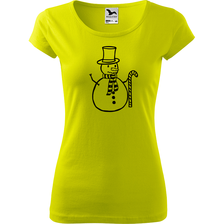 Ručně malované dámské triko Pure - Sněhulák s ozdobou Velikost trička: L, Barva trička: LIMETKOVÁ, Barva motivu: ČERNÁ