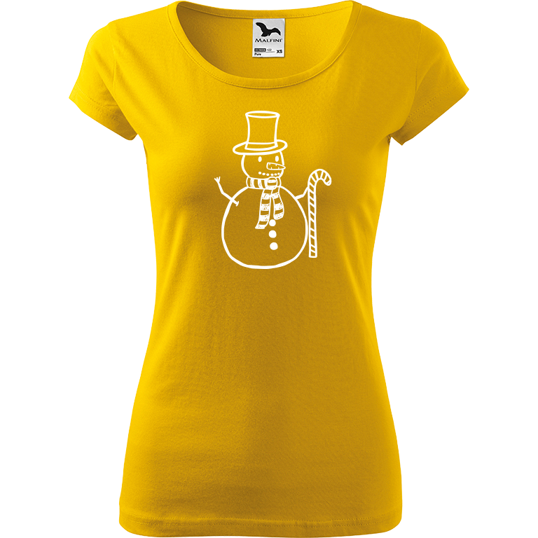 Ručně malované dámské triko Pure - Sněhulák s ozdobou Velikost trička: XL, Barva trička: ŽLUTÁ, Barva motivu: BÍLÁ