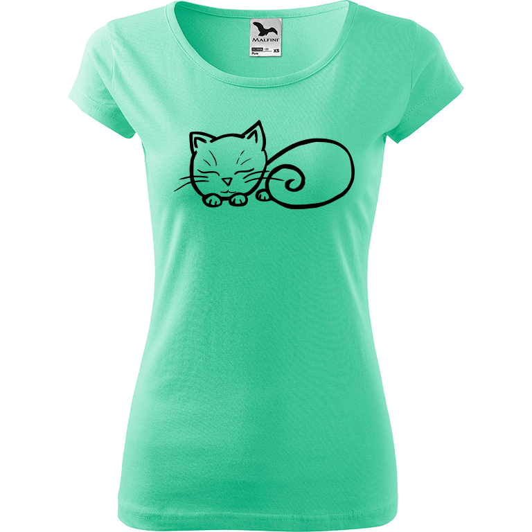 Ručně malované dámské triko Pure - Spící kotě Velikost trička: L, Barva trička: MÁTOVÁ, Barva motivu: ČERNÁ