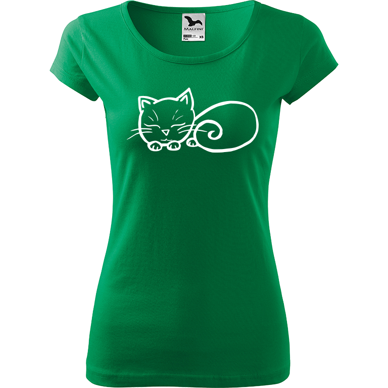 Ručně malované dámské triko Pure - Spící kotě Velikost trička: XXL, Barva trička: STŘEDNĚ ZELENÁ, Barva motivu: BÍLÁ