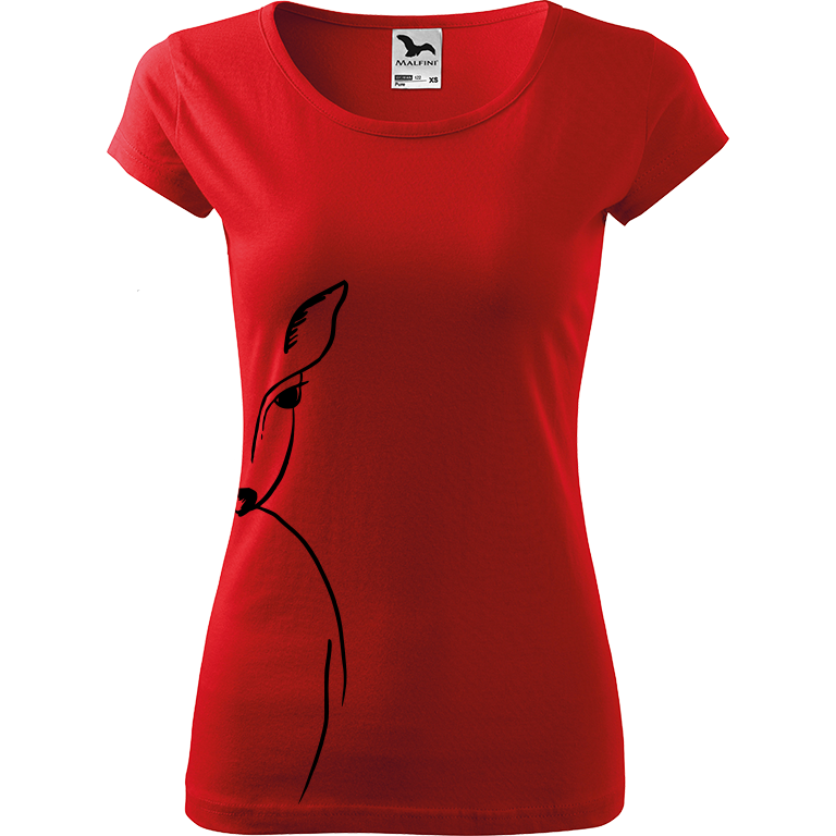 Ručně malované dámské triko Pure - Srnka - Na boku Velikost trička: XXL, Barva trička: ČERVENÁ, Barva motivu: ČERNÁ