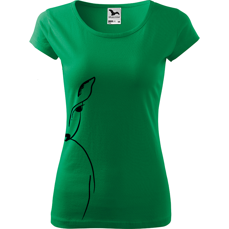 Ručně malované dámské triko Pure - Srnka - Na boku Velikost trička: XXL, Barva trička: STŘEDNĚ ZELENÁ, Barva motivu: ČERNÁ
