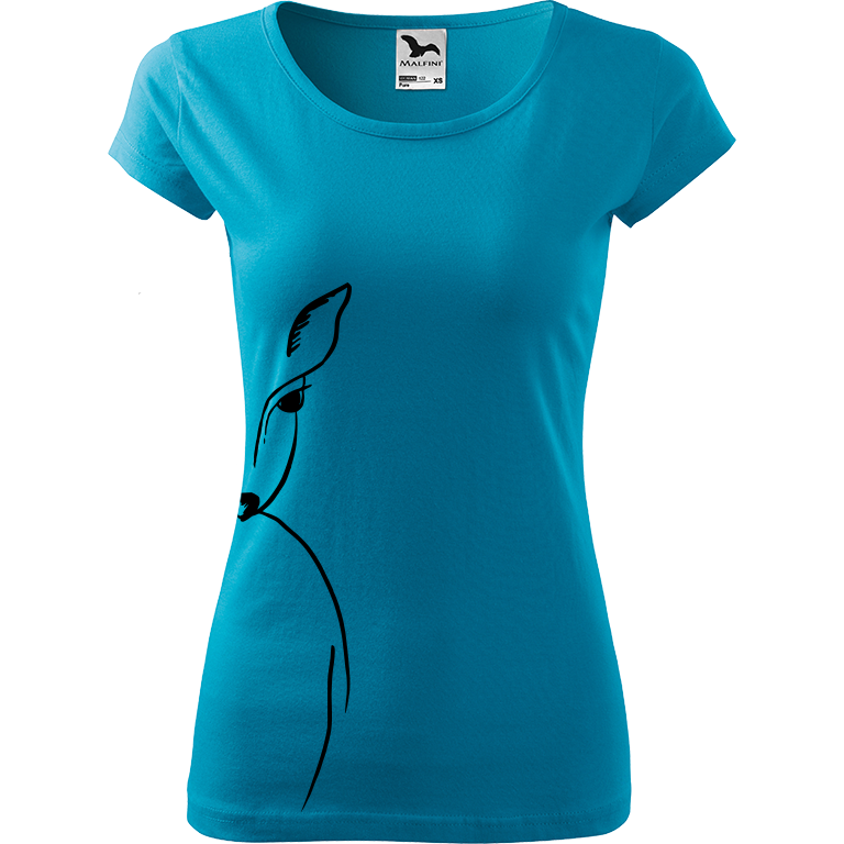 Ručně malované dámské triko Pure - Srnka - Na boku Velikost trička: XL, Barva trička: TYRKYSOVÁ, Barva motivu: ČERNÁ