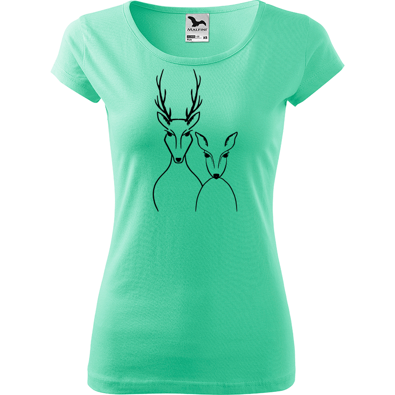 Ručně malované dámské triko Pure - Srnka & Jelen Velikost trička: L, Barva trička: MÁTOVÁ, Barva motivu: ČERNÁ