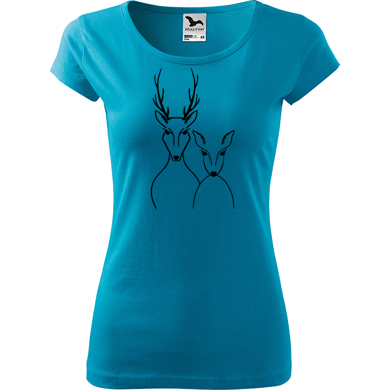 Ručně malované dámské triko Pure - Srnka & Jelen Velikost trička: XL, Barva trička: TYRKYSOVÁ, Barva motivu: ČERNÁ