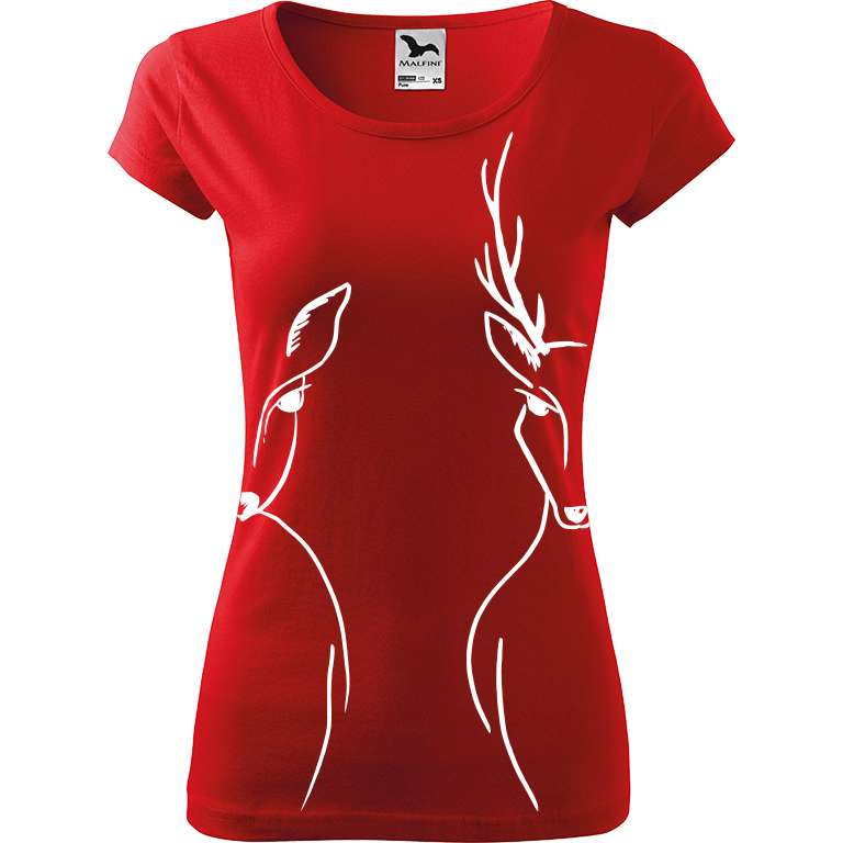 Ručně malované dámské triko Pure - Srnka & Jelen - Na bocích Velikost trička: XXL, Barva trička: ČERVENÁ, Barva motivu: BÍLÁ
