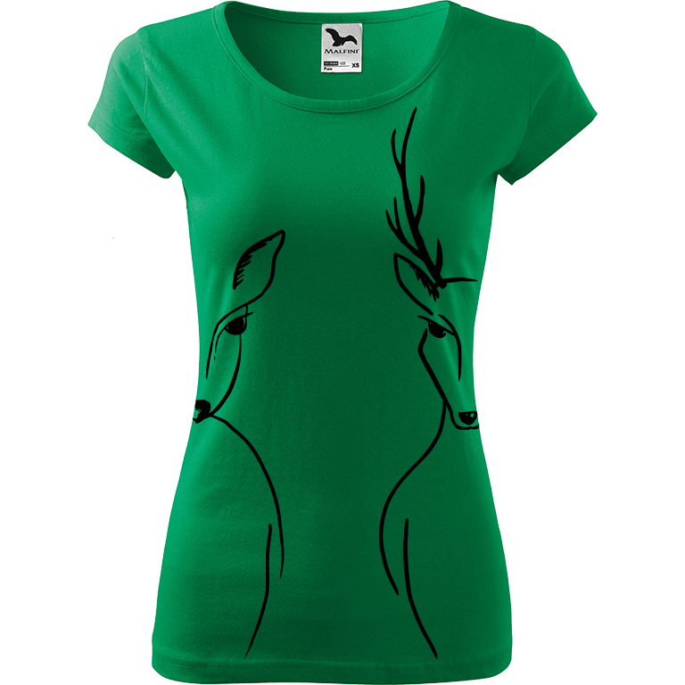 Ručně malované dámské triko Pure - Srnka & Jelen - Na bocích Velikost trička: XXL, Barva trička: STŘEDNĚ ZELENÁ, Barva motivu: ČERNÁ