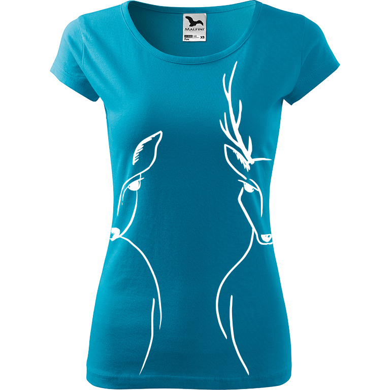 Ručně malované dámské triko Pure - Srnka & Jelen - Na bocích Velikost trička: XL, Barva trička: TYRKYSOVÁ, Barva motivu: BÍLÁ