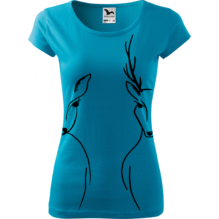 Ručně malované dámské triko Pure - Srnka & Jelen - Na bocích Velikost trička: XL, Barva trička: TYRKYSOVÁ, Barva motivu: ČERNÁ