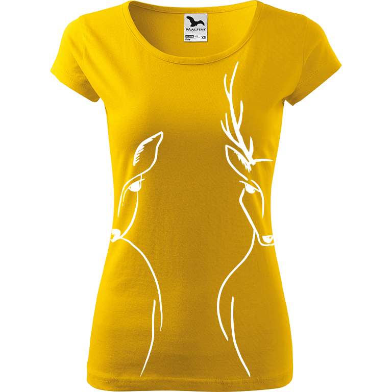 Ručně malované dámské triko Pure - Srnka & Jelen - Na bocích Velikost trička: XL, Barva trička: ŽLUTÁ, Barva motivu: BÍLÁ