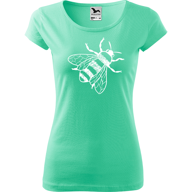 Ručně malované dámské triko Pure - Včela Velikost trička: L, Barva trička: MÁTOVÁ, Barva motivu: BÍLÁ
