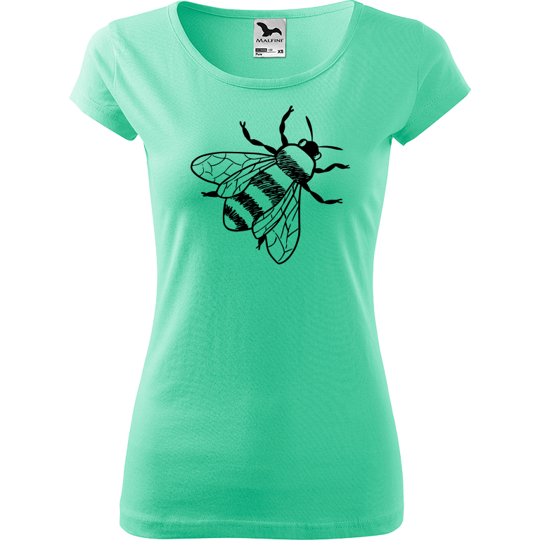 Ručně malované dámské triko Pure - Včela Velikost trička: L, Barva trička: MÁTOVÁ, Barva motivu: ČERNÁ