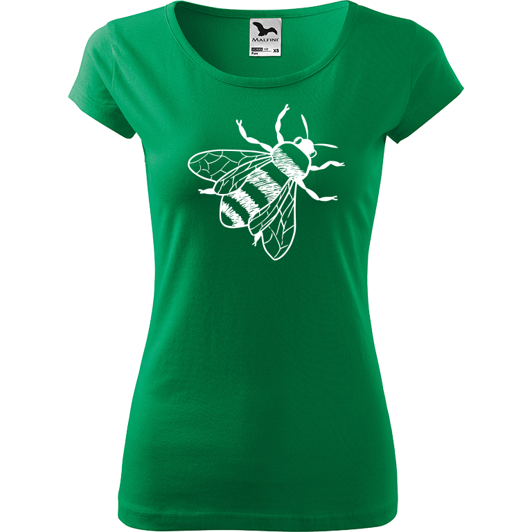 Ručně malované dámské triko Pure - Včela Velikost trička: XS, Barva trička: STŘEDNĚ ZELENÁ, Barva motivu: BÍLÁ