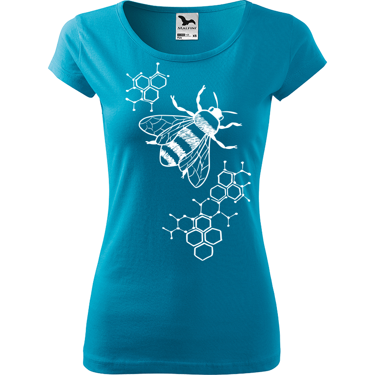 Ručně malované dámské triko Pure - Včela s plástvemi Velikost trička: XL, Barva trička: TYRKYSOVÁ, Barva motivu: BÍLÁ