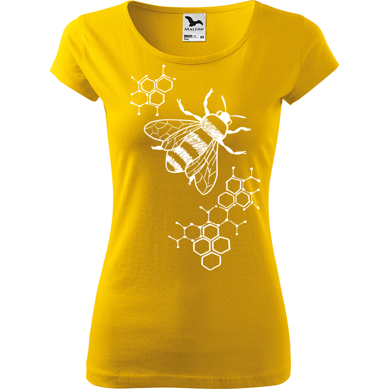 Ručně malované dámské triko Pure - Včela s plástvemi Velikost trička: XL, Barva trička: ŽLUTÁ, Barva motivu: BÍLÁ