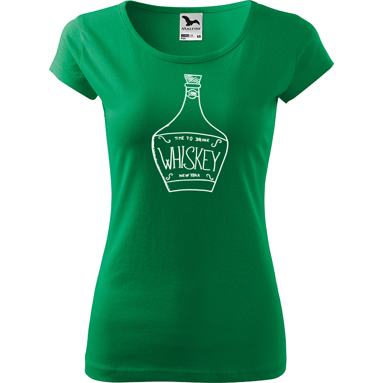 Ručně malované dámské triko Pure - Whiskey Velikost trička: XS, Barva trička: STŘEDNĚ ZELENÁ, Barva motivu: BÍLÁ