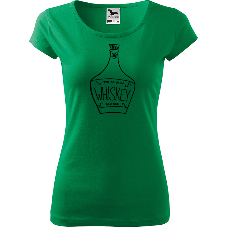 Ručně malované dámské triko Pure - Whiskey Velikost trička: XS, Barva trička: STŘEDNĚ ZELENÁ, Barva motivu: ČERNÁ