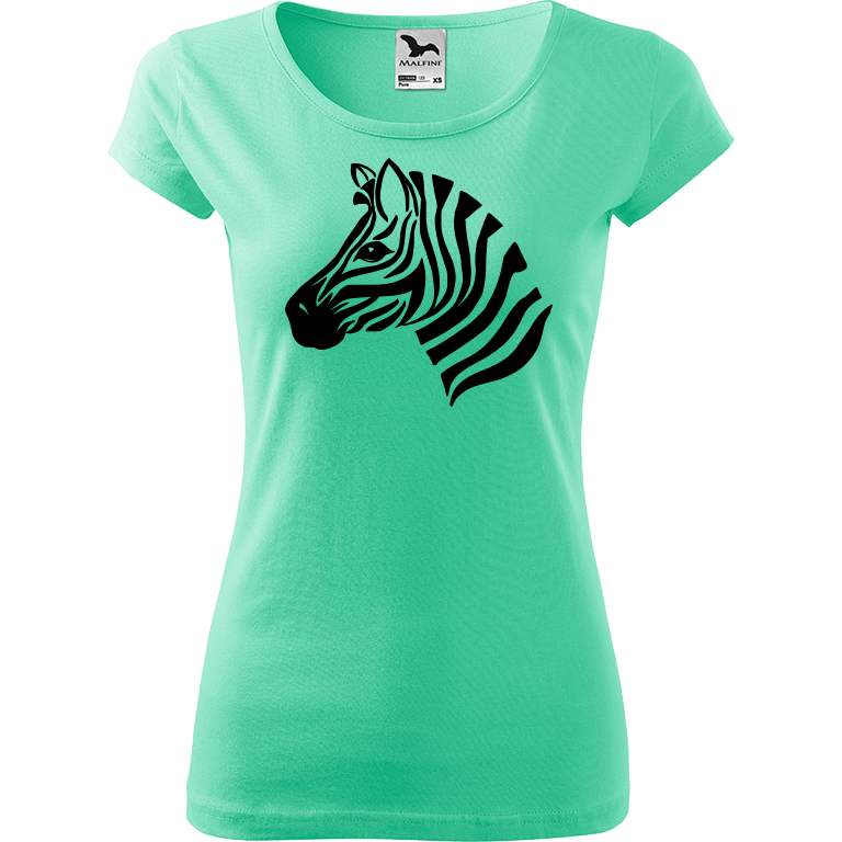 Ručně malované dámské triko Pure - Zebra Velikost trička: L, Barva trička: MÁTOVÁ, Barva motivu: ČERNÁ