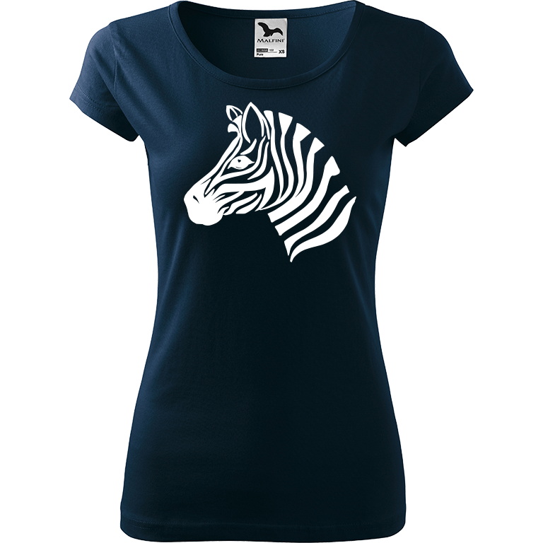 Ručně malované dámské triko Pure - Zebra Velikost trička: XXL, Barva trička: NÁMOŘNICKÁ MODRÁ, Barva motivu: BÍLÁ