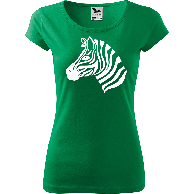 Ručně malované dámské triko Pure - Zebra Velikost trička: M, Barva trička: STŘEDNĚ ZELENÁ, Barva motivu: BÍLÁ