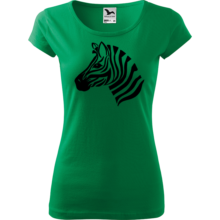 Ručně malované dámské triko Pure - Zebra Velikost trička: XS, Barva trička: STŘEDNĚ ZELENÁ, Barva motivu: ČERNÁ