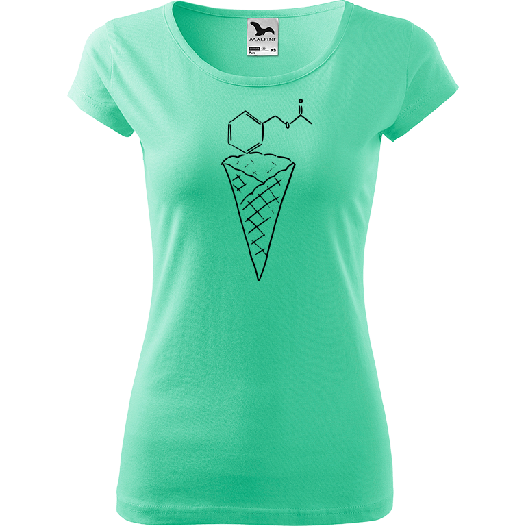 Ručně malované dámské triko Pure - Zmrzlina - Jahoda Velikost trička: XL, Barva trička: MÁTOVÁ, Barva motivu: ČERNÁ