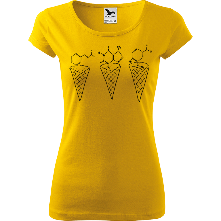 Ručně malované dámské triko Pure - Zmrzliny - Jahoda, čokoláda a vanilka Velikost trička: XL, Barva trička: ŽLUTÁ, Barva motivu: ČERNÁ