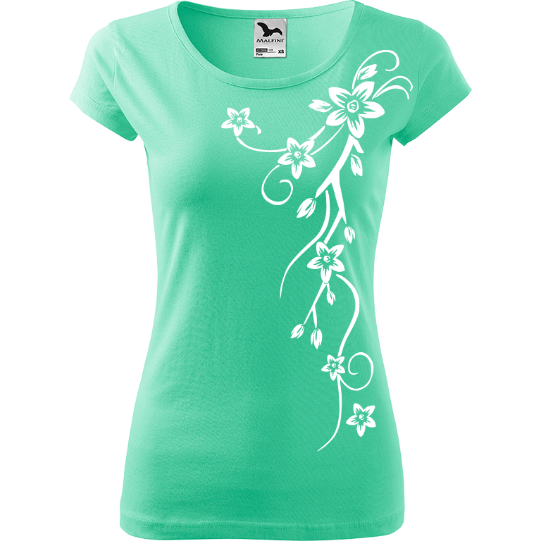 Ručně malované dámské triko Pure - Květiny (menší) Velikost trička: L, Barva trička: MÁTOVÁ, Barva motivu: BÍLÁ